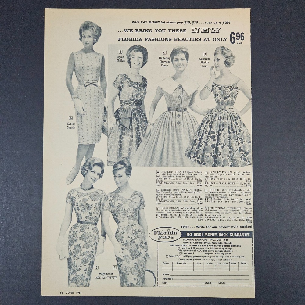 1961 Florida Fashions Dress Order Form Vintage Print Ad OUTDATED EXPIRED Orlando